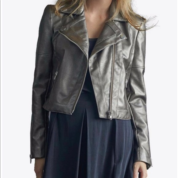 Tart Collection Moto Jacket Gray Vegan Leather Size Medium Double Breasted - Picture 4 of 12